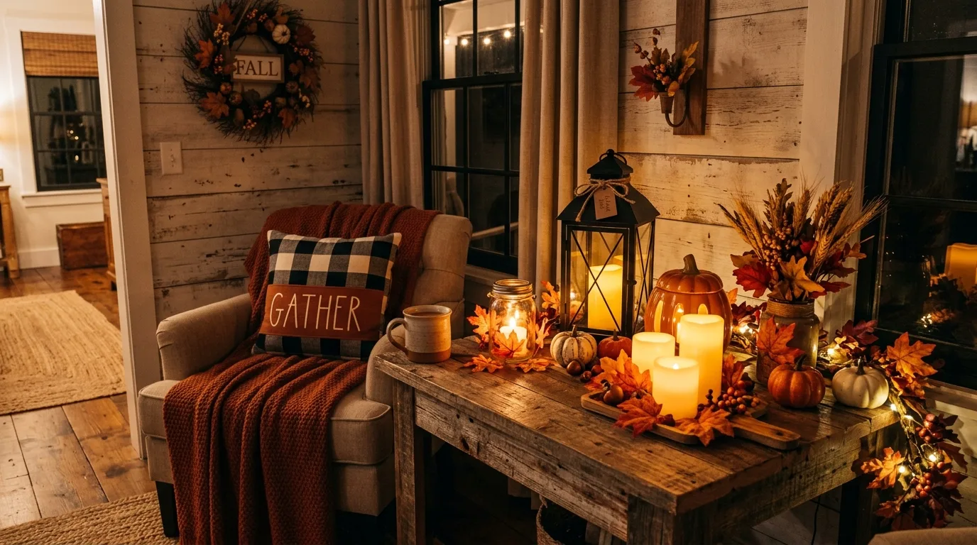 Cozy corner with lanterns and Dollar Tree fall decor